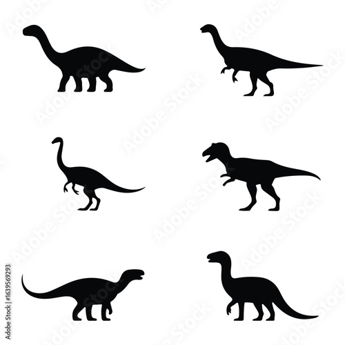 Six black dinosaur silhouettes prehistoric ancient