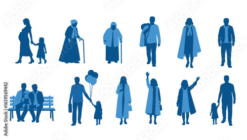 Generational family silhouettes, diverse ages and stages, parenthood, childhood, elderly, unity, family bonds, life stages, togetherness, relationships, love, support, growth, aging,