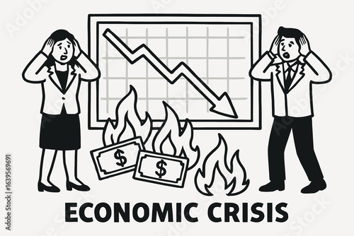 Business people react in distress to a sharp economic downturn and burning money