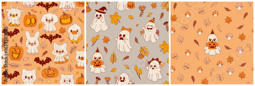 Three decorative Halloween wallpaper designs. Flowers, autumn yellow leaves, forest mushrooms, and ghosts. Cartoonish traditional holiday symbols. Seamless orange and gray folk pattern print.
