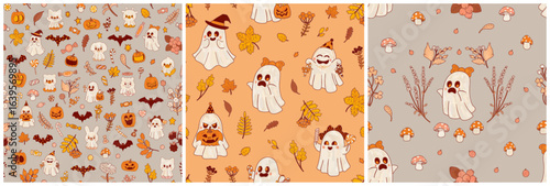 Three decorative Halloween wallpaper designs. Flowers, autumn yellow leaves, forest mushrooms, and ghosts. Cartoonish traditional holiday symbols. Seamless orange and gray folk pattern print.
