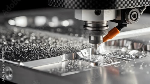 Closeup of a CNC machine cutting metal with a rotating bit