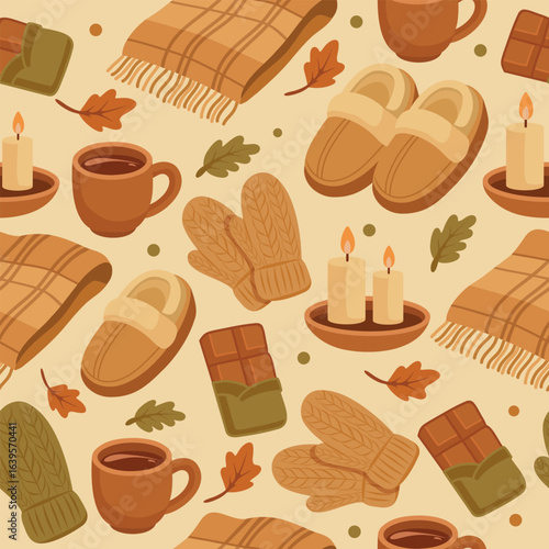 Beautiful autumn seamless vector pattern with warm slippers, blanket, cocoa, chocolate, candles, on a delicate beige background. Ideal for packaging, fabric, prints, cards, wallpapers