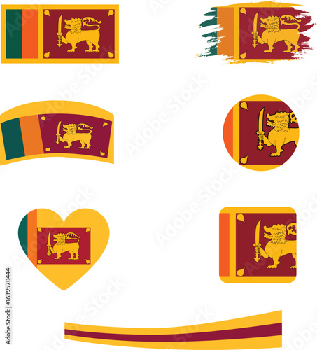 Sri Lanka flag set of icons. A set of flags in square, rectangular, heart  and round shapes. Flag icon. Standard colors. Vector illustration. 