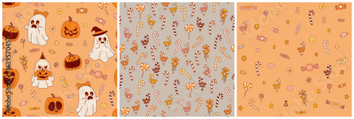 Three festive Halloween patterns set. Cartoon ghosts, pumpkins and sweets. Caramels, candies and lollipop canes.