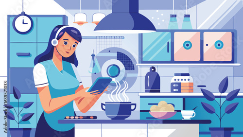 Asian Woman Cooking in Modern Kitchen While Using Tablet – Online Recipe Concept