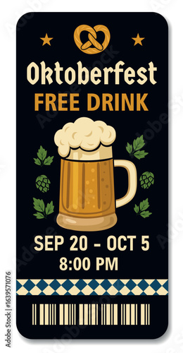 Vector vertical Oktoberfest ticket with beer mug, pretzel and traditional Bavarian ornament, dough free drinks. Perfect for posters, templates, Oktoberfest party decoration