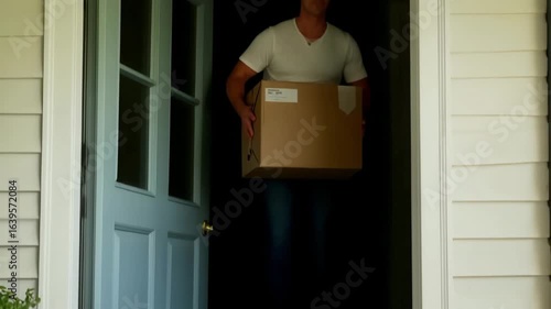 A man with light skin and short brown hair is lifting a cardboard box at the entrance of a house. The door is blue, and there is a plant nearby.