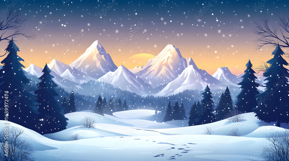 Obraz premium Nighttime snow scene with snowy mountains and forest