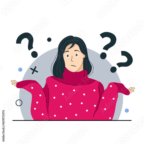 Confused Woman Shrugging with Question Marks Vector Illustration