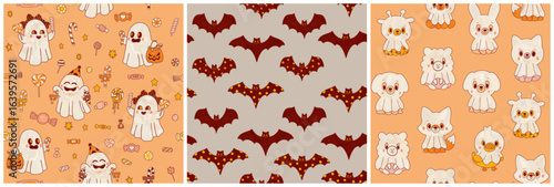 Three decorative Halloween wallpaper designs. Cartoon bats, animals, and ghosts. Seamless orange, gray, and sweet print pattern.
