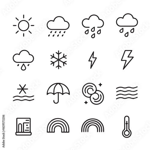 Collection of outlined weather elements including sun rain and rainbow