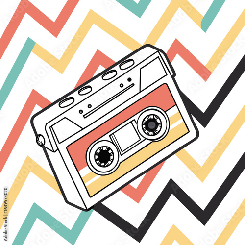 Vintage cassette tape illustration with retro zigzag pattern background design style art , abstract background