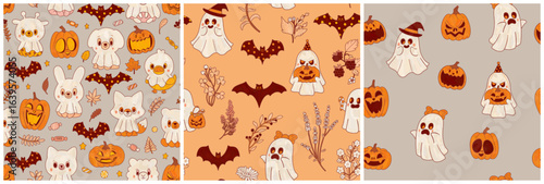 Three decorative Halloween wallpaper designs. Cartoon ghosts are trick-or-treating. Seamless orange and gray pattern print.