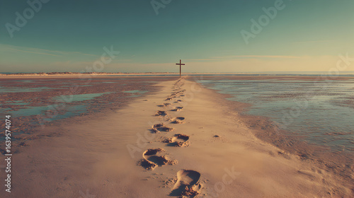 Footprints leading to a cross on a sandy path between shallow water under a blue sky at daytime