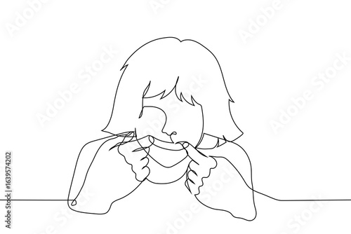woman smiling stretching the corners of her mouth, portrait - one line art vector. concept fake smile, hypocrisy, pretending cheerful and positive