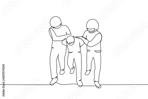 two security officers in helmets lead a bent man by the arms - one line art vector. detention of a criminal or protester oppositionist