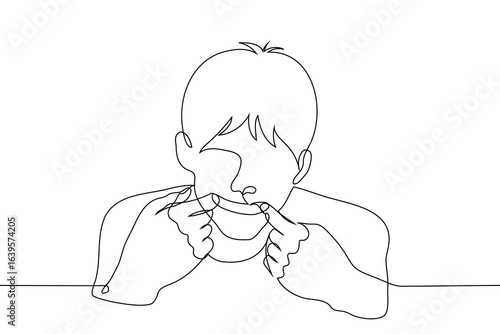 man smiling stretching the corners of his mouth, portrait - one line art vector. concept fake smile, hypocrisy, pretending to be cheerful and positive