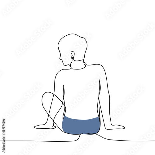 man sitting in swimming trunks or shorts with his back - one line art vector. concept of leisure, swimmer sitting