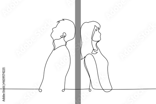 woman and man standing with their backs to each other leaning against the wall - one line art vector. concept separation, division and divorce, quarrel, war of the sexes