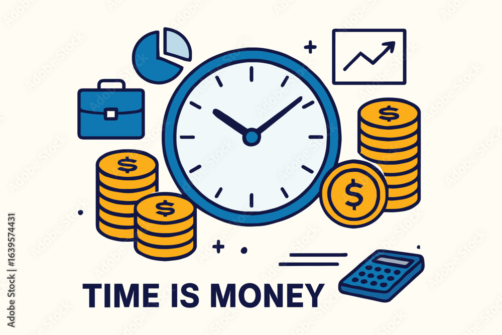 Obraz premium Time is money concept with clock coins briefcase and financial charts illustration