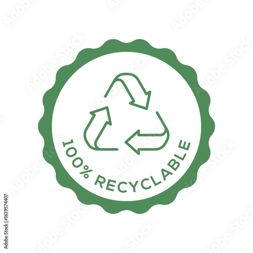 100 Percent Recyclable Product Badge in Minimal Green Seal with Recycling Arrows Icon