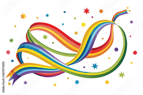 Rainbow ribbon streamer with stars and confetti,vector illustration for celebration and pride events design template