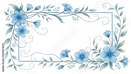 rectangular floral frame with flowing cursive calligraphy stems and blue flower flourishes, white background 