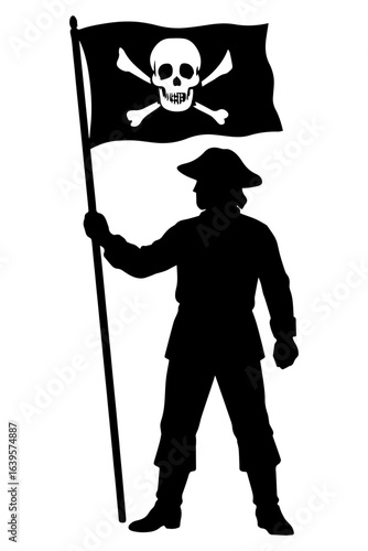 A bold black silhouette of a pirate standing and holding a waving Jolly Roger flag. The design captures the spirit of adventure, rebellion, and freedom associated with piracy.