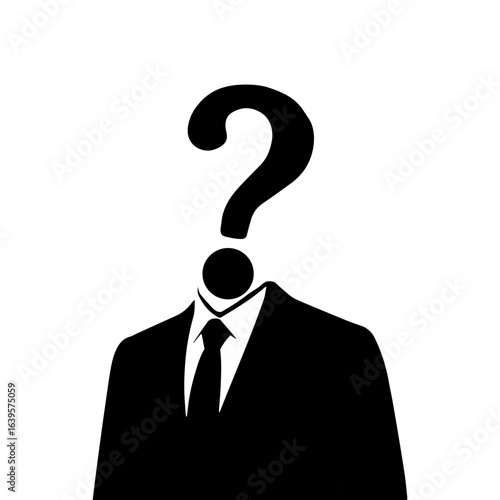 A black silhouette of a businessman with a question mark as his head. This powerful illustration symbolizes anonymity, a lack of identity, or a state of confusion or questioning.