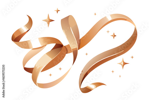 Elegant bronze ribbon swirls with sparkling stars for celebrations and festive designs,ideal for greetings and awards