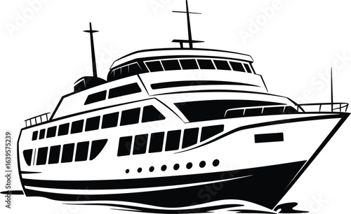 Luxury cruise ship silhouette, passenger ferry boat, ocean travel vessel, maritime transport illustration, large yacht design, sea journey icon, nautical transport art, black and white vector