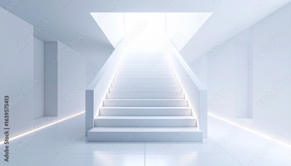 Obraz premium 光が差す白い階段 シンメトリー