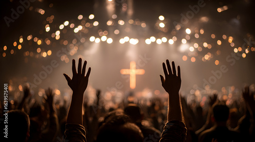 A crowd with raised hands facing a cross illuminated by lights in a dark atmospheric space