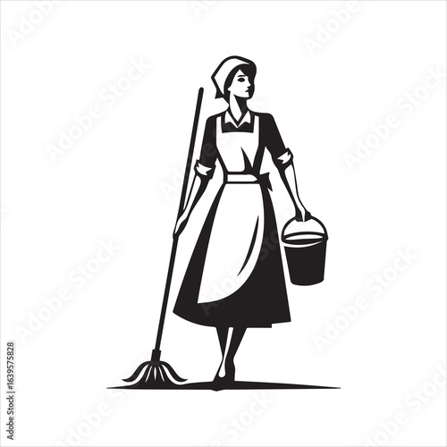 Stylized Maid with Mop and Bucket Ready for Cleaning Tasks.