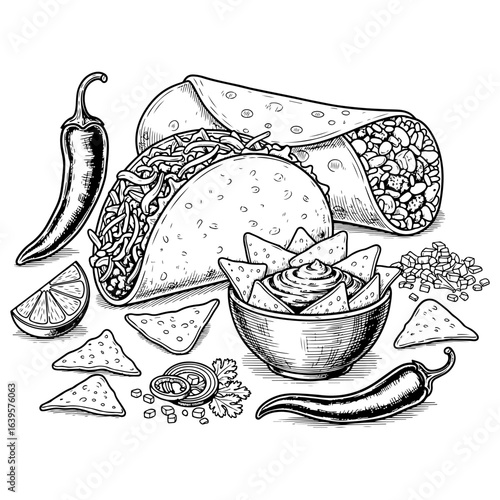 Black and white sketch of Mexican food with nachos and chili peppers taco burrito