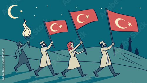 Turkey flag waving patriotic turkish people crescent moon star torch celebration national pride illustration
