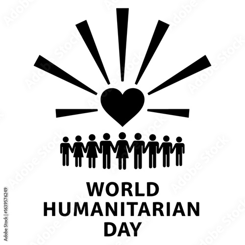 Black heart with radiating lines above diverse people holding hands text world humanitarian day