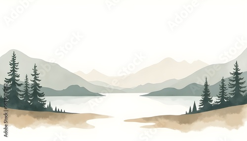 watercolor illustration of an outdoor landscape  pine trees, distant mountains, a calm lake or stream, and open sky
