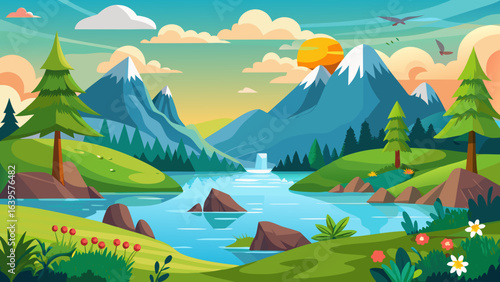 Vector art of charming cartoon illustration of a serene mountain landscape with a clear river, verdant hills, and a warm sunset, highlighting the beauty of the natural world and peaceful journeys