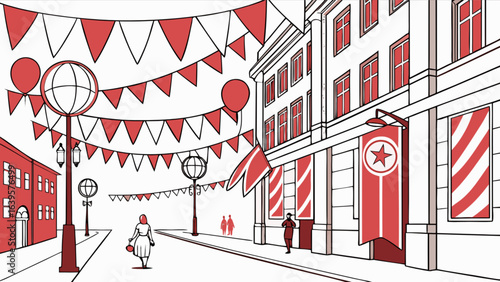 Illustration of city street with festive decorations flags and banners for celebration or event occasion