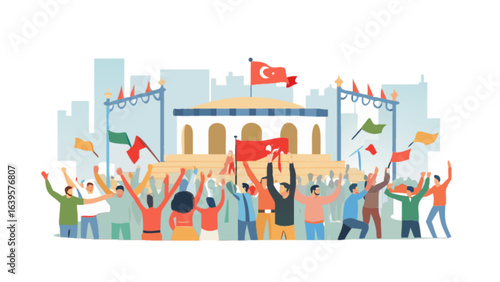 Political rally protest demonstration public gathering with flags and people crowd vector illustration