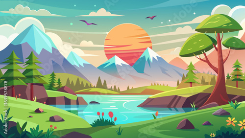 Vector art of idyllic cartoon landscape showcasing majestic snowcapped mountains, a tranquil river, and lush greenery under a dramatic sunset sky with birds in flight