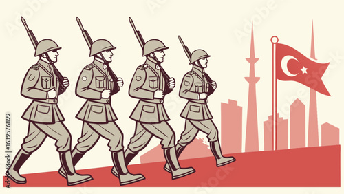 Turkish military soldiers marching with turkish flag vector illustration for national holidays and events