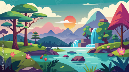 Vector art of enchanting cartoon landscape featuring majestic mountains, a cascading waterfall into a tranquil river, unique trees, and a colorful sunset, evoking a sense of wonder