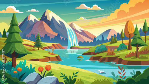 Vector art of idyllic cartoon landscape showcasing snowcapped mountains, a flowing river with a waterfall, diverse trees, and a warm sunset casting golden light across the valley