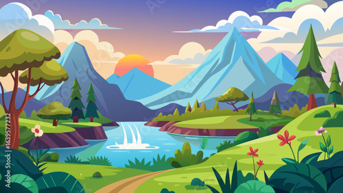 Vector art of a picturesque cartoon mountain landscape with a flowing river and waterfall, surrounded by green hills and trees under a dramatic sky with a colorful sunrise or sunset