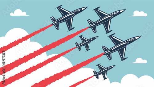 Jet planes flying in formation show vector illustration of airshow demonstration and aviation performance art
