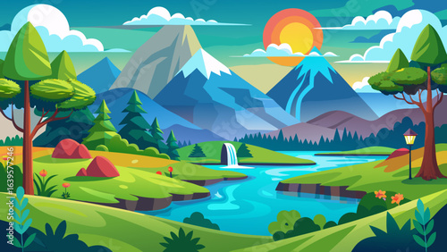 Vector art of an enchanting cartoon mountain vista showcasing a tranquil river, a cascading waterfall, rolling green hills, and a radiant sun in a beautifully colored sky