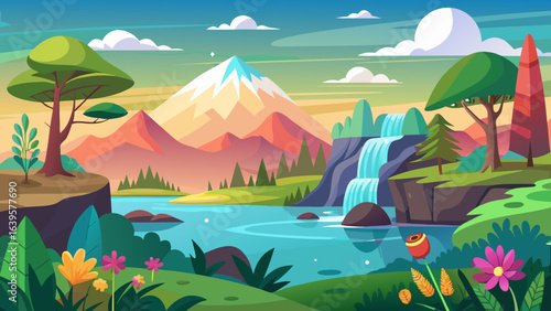 Vector art of enchanting cartoon landscape with a cascading waterfall, a serene river, colorful mountains, and blooming flowers under a soft sky